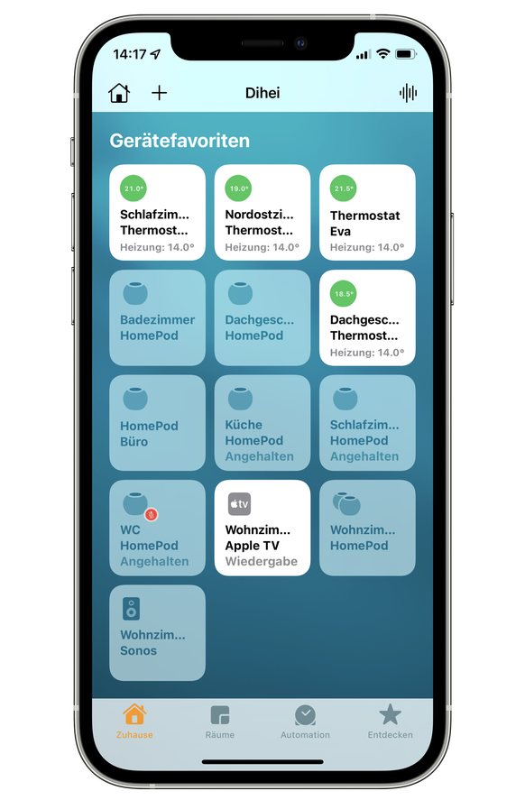 Der HomePod Mini bildet mit anderen Thread-kompatiblen Smart-Home-Geräten ein sogenanntes Mesh-Netzwerk. Darin agieren Geräte, die ans Stromnetz angeschlossen sind als Router und leiten Daten zuverläs ...