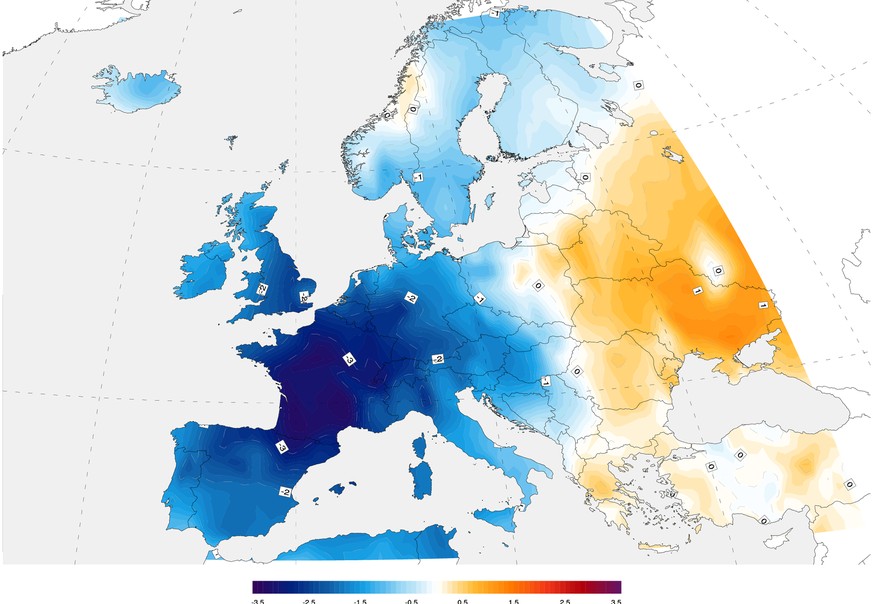 Die Karte Europas zeigt die Temperaturabweichung im Jahr 1816.&nbsp;