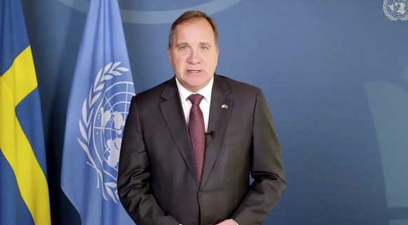 In this image made from UNTV video, Stefan Löfven, Prime Minister, Sweden, speaks in a pre-recorded message which was played during the 75th session of the United Nations General Assembly, Saturday, S ...
