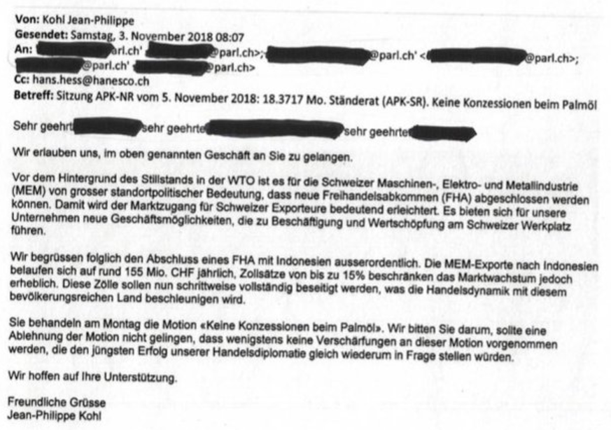 «Sie behandeln am Montag die Motion ‹Keine Konzessionen beim Palmöl›. Wir bitten Sie darum, sollte eine Ablehnung der Motion nicht gelingen, dass wenigstens keine Verschärfungen an dieser Motion vorge ...