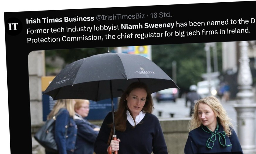 Screenshot zur neuen irischen Datenschutzbeauftragten Niamh Sweeney (links), die früher für den Meta-Konzern als Lobbyistin tätig war.