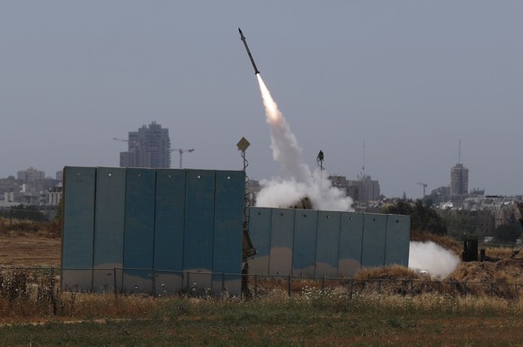 epa10618896 A missile is launched from an Iron Dome battery in southern Israel near the border with Gaza, 10 May 2023. Israeli military said it carried out a series of air strikes on Islamic Jihad roc ...