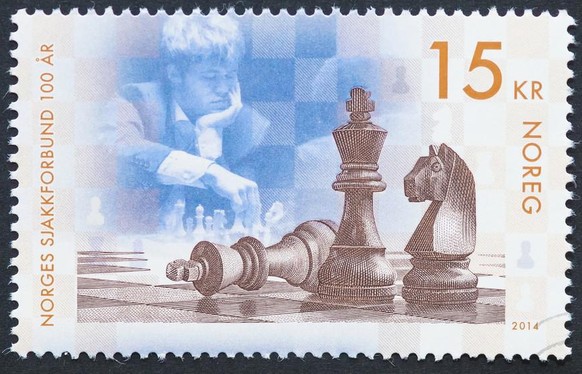 NORWAY - CIRCA 2014: a postage stamp printed in Norway showing an image of chess player Magnus Carlsen, circa 2014.