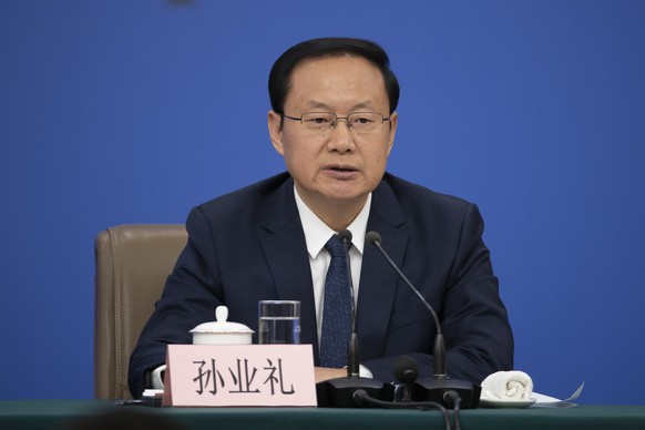 epa12800831 Chinese Minister of Culture and Tourism, Sun Yeli, speaks at a press conference about people's livelihood during the Fourth Session of the 14th National People's Congress of Chin ...