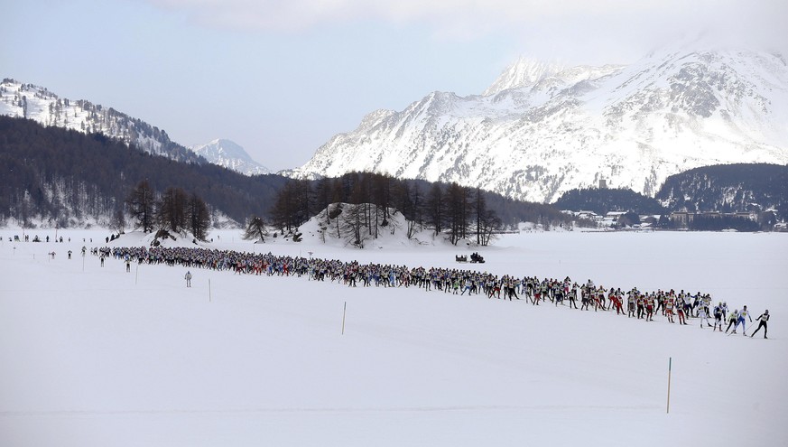 An aerial view shows cross-country skiers competing on the frozen Lake Silsersee during the 48th Engadin Ski Marathon near the village of Sils, Switzerland March 13, 2016. According to the organizers, ...