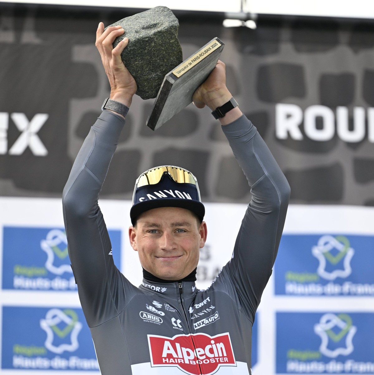 Paris Roubaix 2025 Cycling Race Roubaix, France - April 13 : Van Der Poel Mathieu NED of Alpecin - Deceuninck on the podium during the 122nd edition of Paris Roubaix an UCI World Tour cycling race for ...
