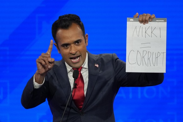 Republican presidential candidate businessman Vivek Ramaswamy speaks during a Republican presidential primary debate hosted by NewsNation on Wednesday, Dec. 6, 2023, at the Moody Music Hall at the Uni ...