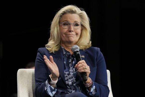 Former Congresswoman Liz Cheney speaking during a town hall with Democratic presidential nominee Vice President Kamala Harris at Sharon Lynne Wilson Center for the Arts in Brookfield, Wisc., on Monday ...