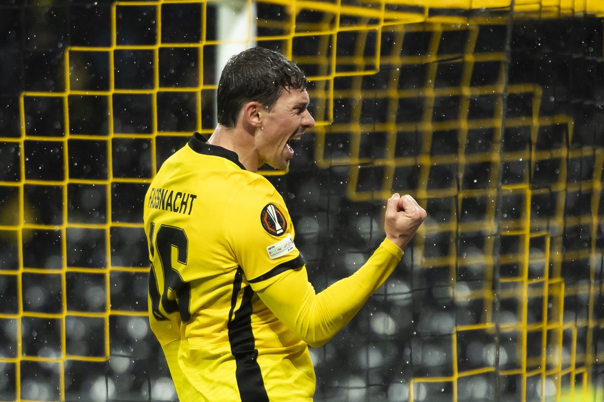 Christian Fassnacht (YB) celebrates after scoring his side's second goal during the Europa League league phase between Switzerland's BSC Young Boys match against Bulgaria's PFC Ludogore ...