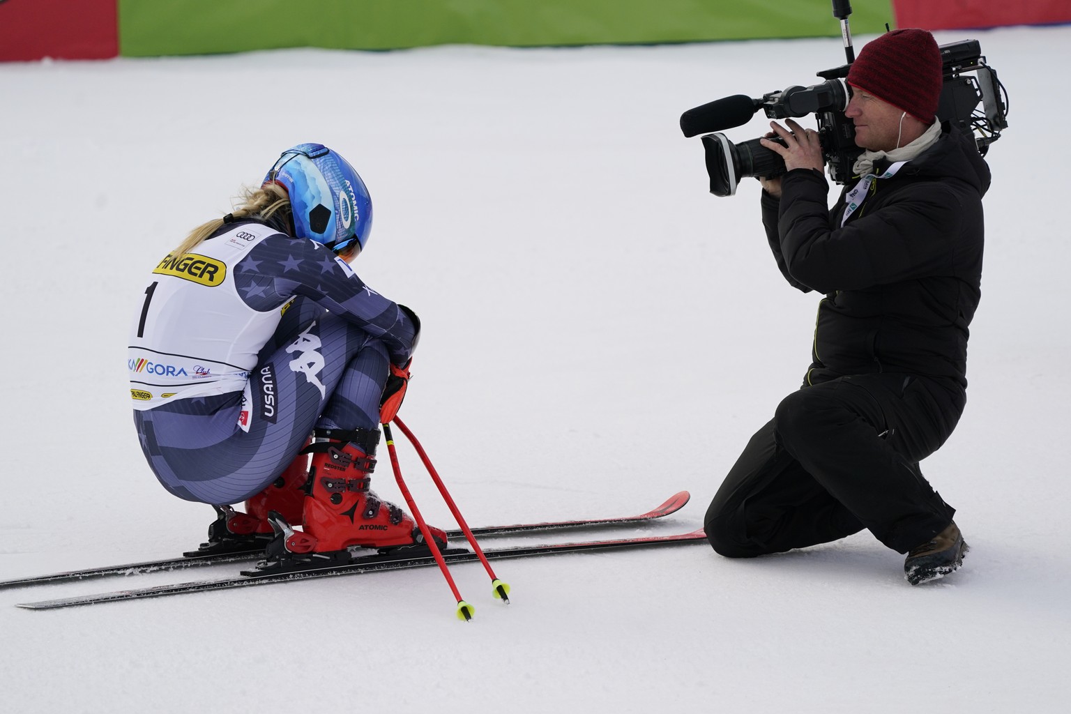 A cameraman films United States&#039; Mikaela Shiffrin after she won an alpine ski, women&#039;s World Cup giant slalom race, in Kranjska Gora, Slovenia, Sunday, Jan. 8, 2023. Shiffrin matched Lindsey ...