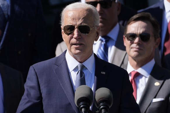 President Joe Biden speaks during an event with the Super Bowl-champion Kansas City Chiefs on the South Lawn of the White House, Friday, May 31, 2024, to celebrate their championship season and victor ...