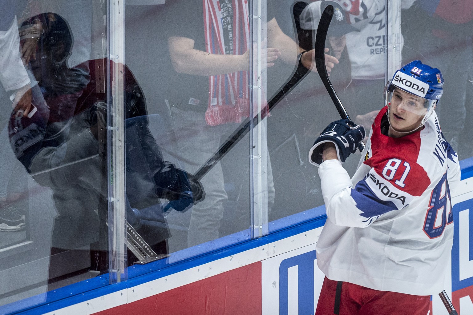 epa07584712 Czech Dominik Kubalik celebrates scoring the 2-0 lead during the game between Austria and Czech Republic at the IIHF Ice Hockey World Championship at the Ondrej Nepela Arena in Bratislava, ...