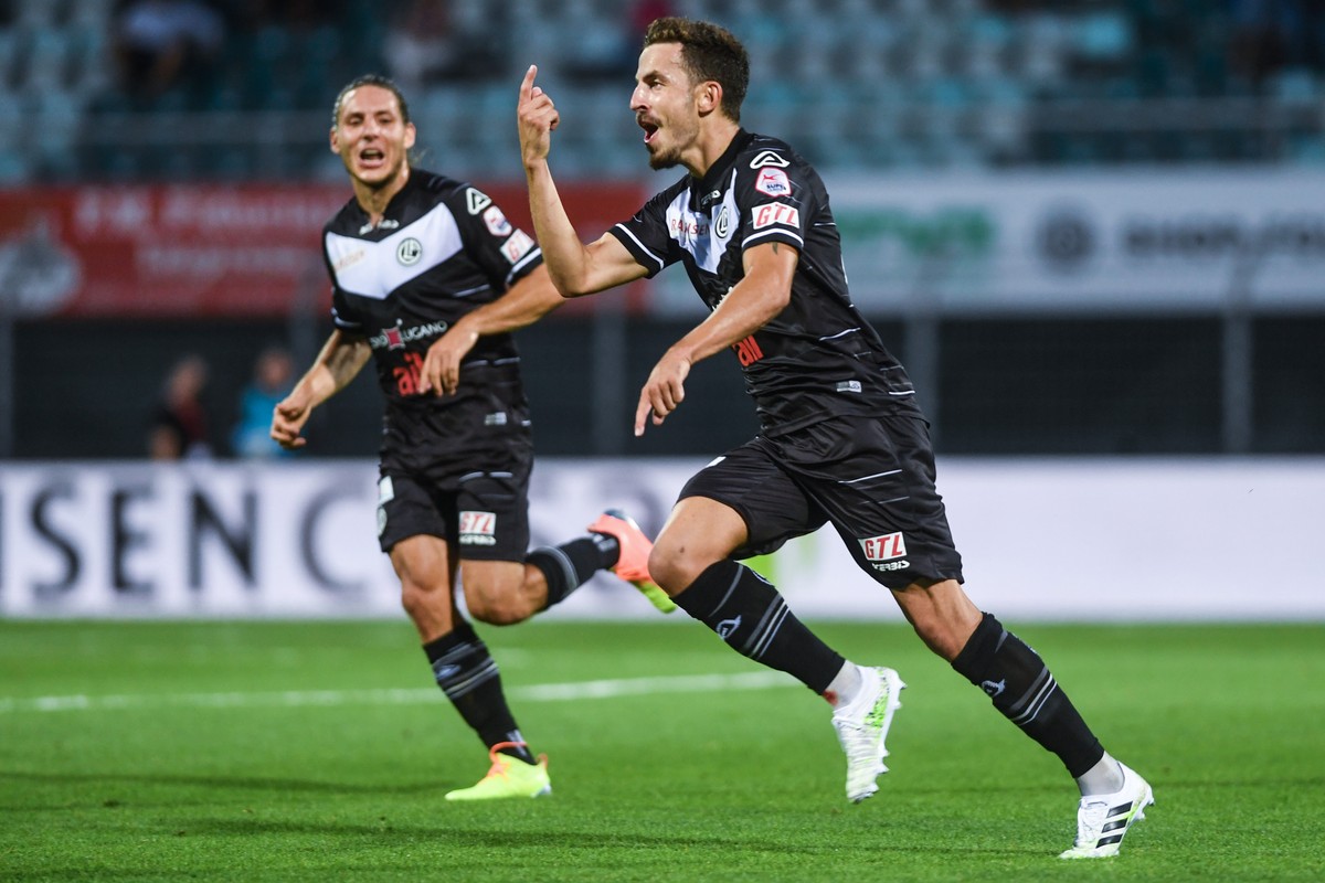 Lugano's player Olivier Custodio celebrates the 1-0 goal, during the Super League soccer match FC Lugano against FC Zurich, at the Cornaredo Stadium in Lugano, Wednesday, July 22, 2020. (Keystone ...