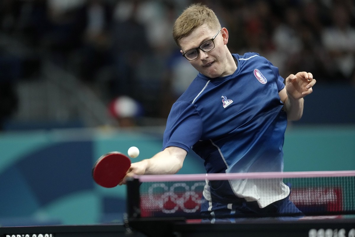 France's Alexis Lebrun plays against Croatia's Tomislav Pucar during a men's singles round of 32 table tennis game at the 2024 Summer Olympics, Monday, July 29, 2024, in Paris, France.  ...