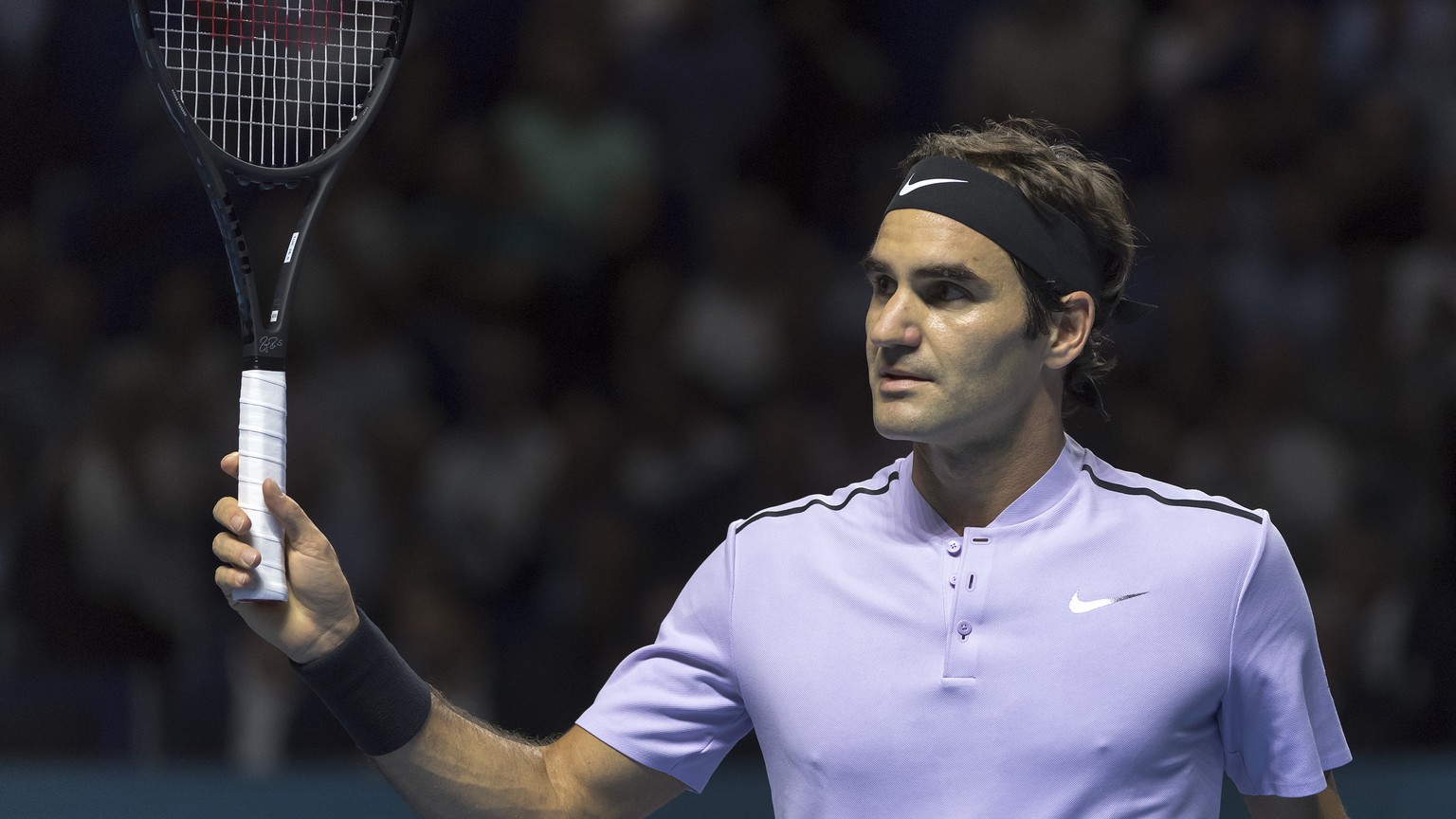 Switzerland&#039;s Roger Federer during his first round matchUSA&#039;s Frances Tiafoe during at the Swiss Indoors tennis tournament at the St. Jakobshalle in Basel, Switzerland, on Tuesday, October 2 ...