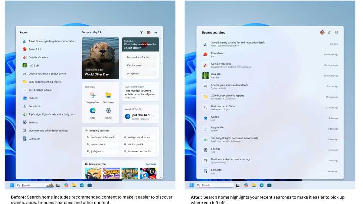 Le champ de recherche Windows avant/après. Moins de publicités, plus de contrôle sur les suggestions.
