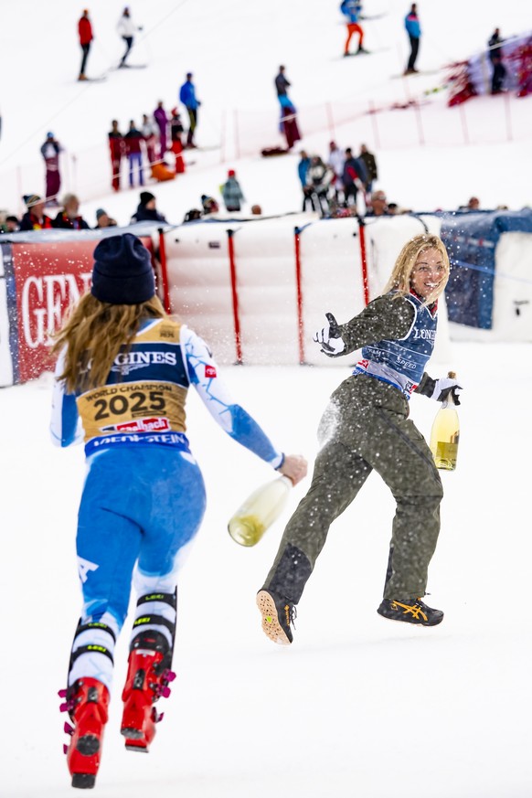 KEYPIX - Gold medalist Mikaela Shiffrin of the United States and Silver medalist Lara Gut-Behrami of Switzerland celebrate with champagne during the podium ceremony of the Women's Team Combined a ...