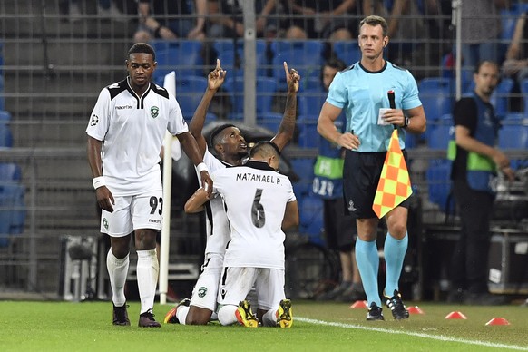 Ludogorets&#039; Virgil Misidjan, Cafu and Natanael, from left, celebrate their scores to 1-0 during an UEFA Champions League Group stage Group A matchday 1 soccer match between Switzerland&#039;s FC  ...