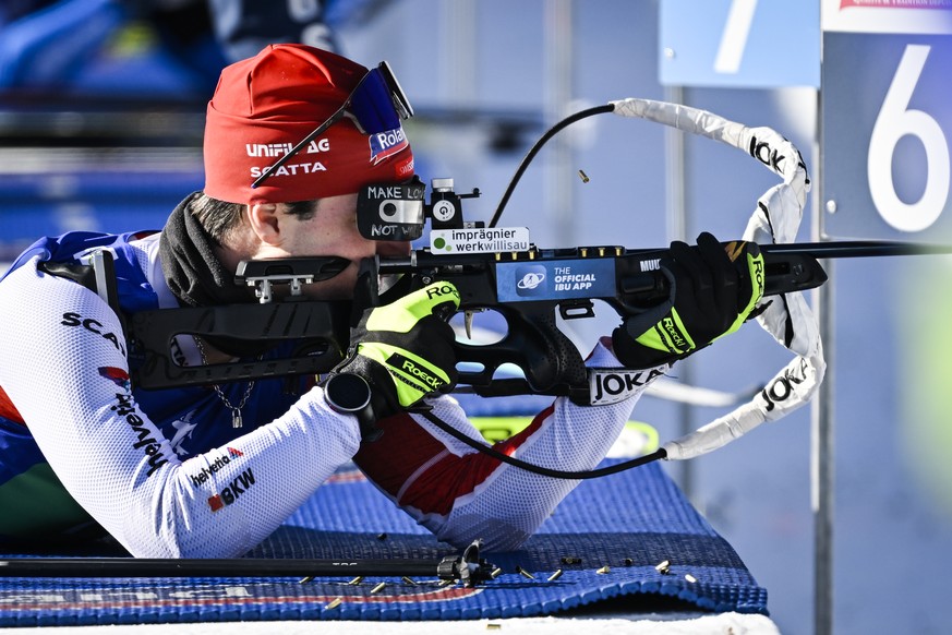 Niklas Hartweg of Switzerland in action during the single mixed relay race at the IBU European Open Biathlon Championships, on Sunday, January 29, 2023, in Lenzerheide, Switzerland. (KEYSTONE/Gian Ehr ...