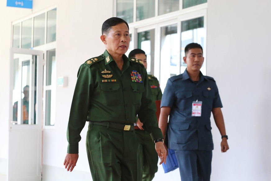 epa06569766 Myanmar&#039;s vice senior general Soe Win (L) arrives at the Joint Implementation Coordination Meeting (JICM) on the Nationwide Ceasefire Agreement in Naypyitaw, Myanmar, 28 February 2018 ...