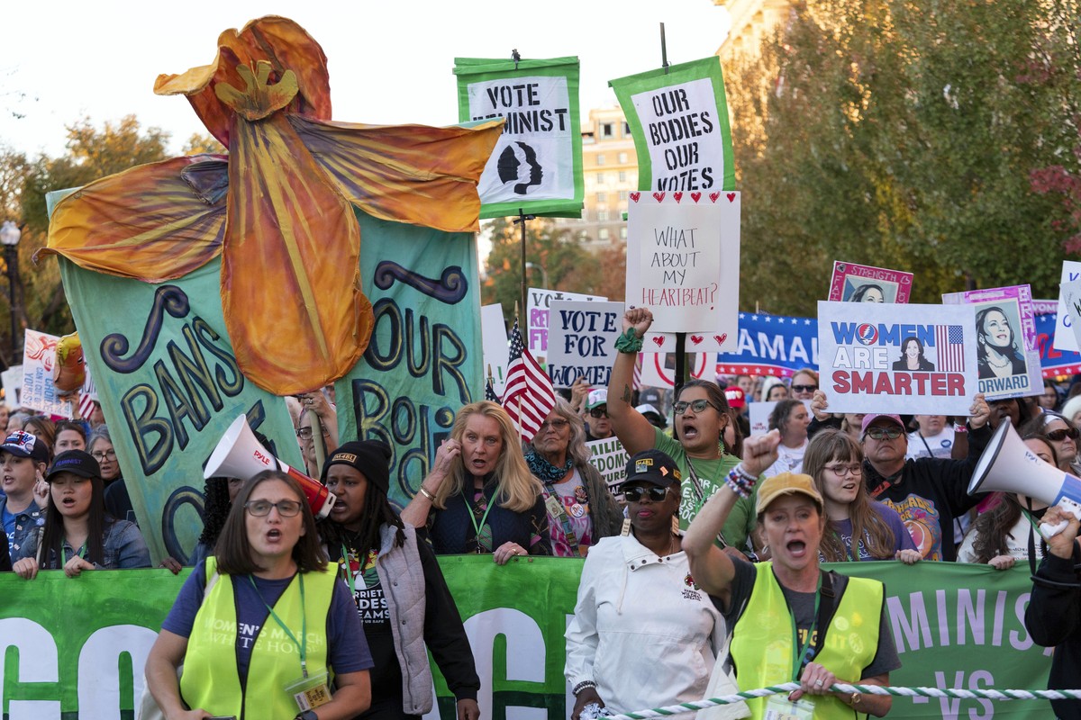 Demonstrators hold up signs as they march to the White House during the Women's March rally in Washington, Saturday, Nov. 2, 2024. (AP Photo/Jose Luis Magana)
Women?s March