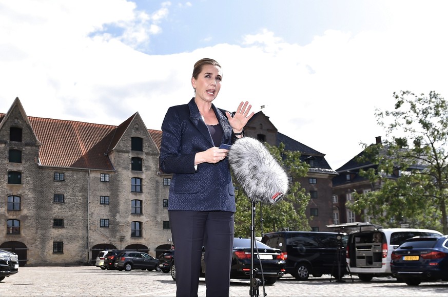 Denmark&#039;s Prime Minister Mette Frederiksen makes a comment on US President&#039;s cancellation of his scheduled State Visit, in front of the State Department in Copenhagen, Wednesday, Aug. 21, 20 ...