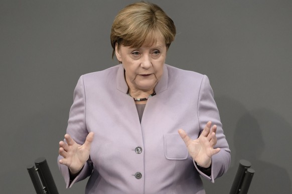 epa05930170 German Chancellor Angela Merkel gives a government declaration at the German Parliament &#039;Deutscher Bundestag&#039; in Berlin, Germany, 27 April 2017. During the meeting, Merkel spoke  ...