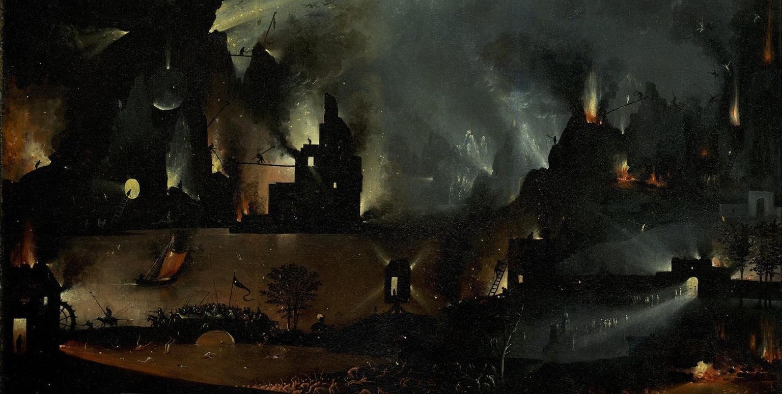 Höllen-Ausschnitt aus Hieronymus Boschs Garten der Lüste: eine brennend zugrunde gehende Welt. 