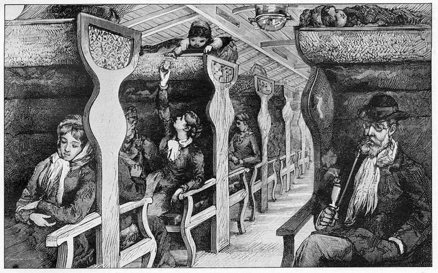 Emigrantinnen und Emigranten in einem Zug der Compagnie Generale Transatlantique, der sie zum Hafen von Le Havre bringt. Stich von 1883.