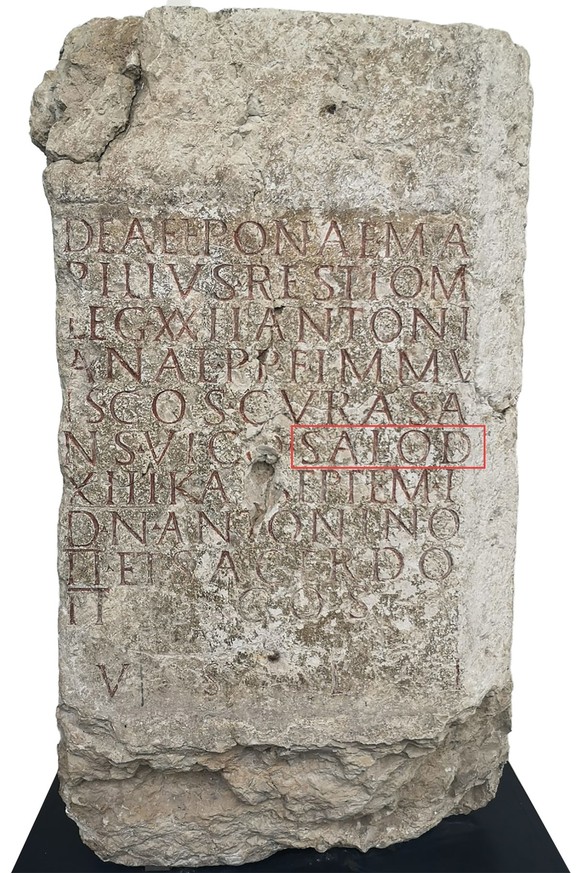 The first written mention of the city of Solothurn can be found on a former altar stone from the year 219. The abbreviation Salod marked in red stands for the place name Salodurum.  https://...