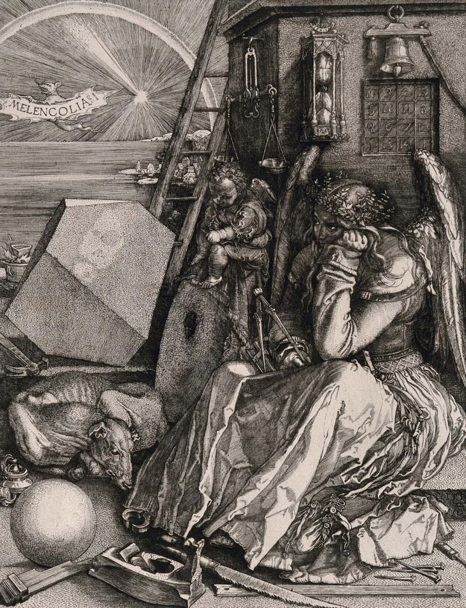 «Melencolia I» aus dem Jahre 1514 ist einer der drei Meisterstiche Albrecht Dürers. Die komplexe Symbolik gibt bis heute Rätsel auf.
https://commons.wikimedia.org/wiki/File:Melancholie_Melencolia_I_(t ...