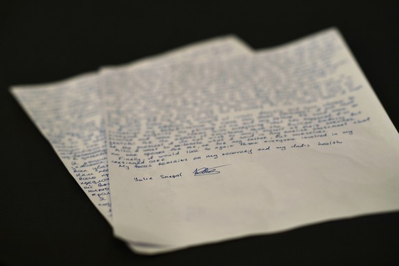 A detail of a signed, handwritten statement by Yulia Skripal, in London, Wednesday May 23, 2018. Yulia Skripal says recovery has been slow and painful, in first interview since nerve agent poisoning.  ...