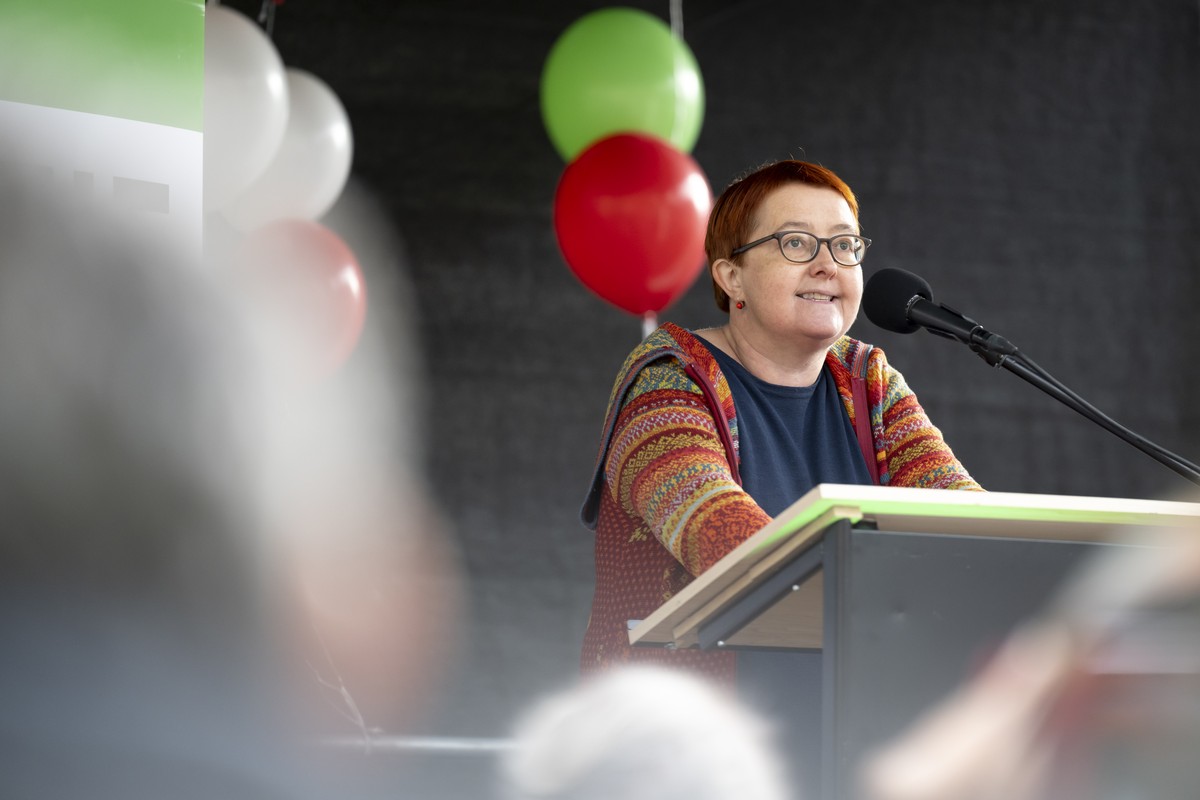National Councillor Natalie Imboden, speaks during a freedom rally for Iranian Women, on the Federal Square (Bundesplatz) in Bern, Switzerland, on Saturday, November 5, 2022. After the death of Mahsa  ...