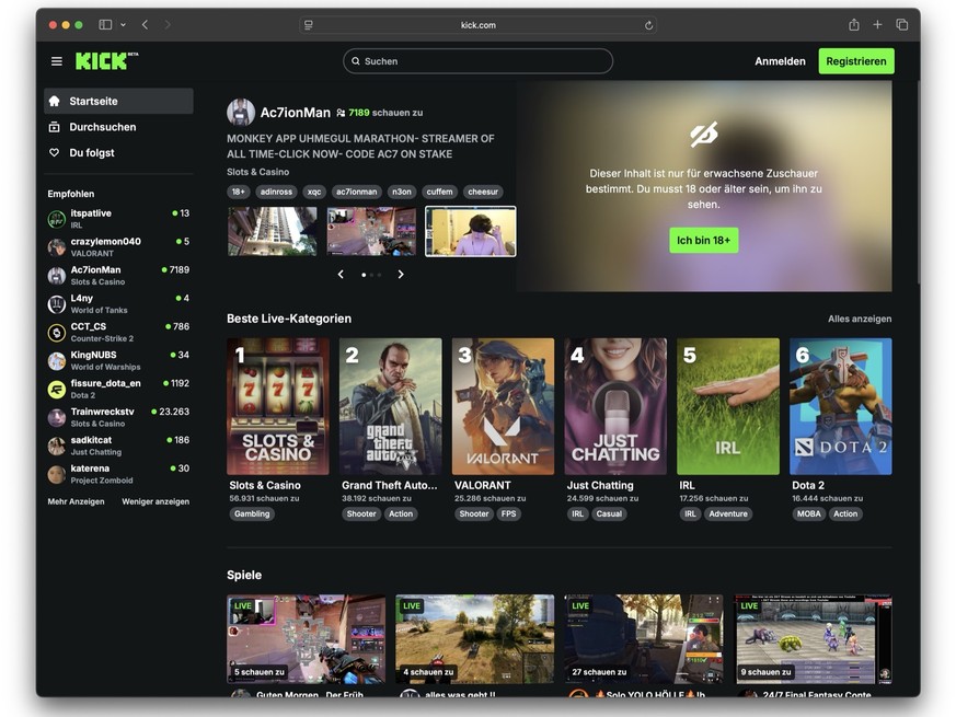 Startseite der umstrittenen Streaming-Plattform Kick (August 2025)