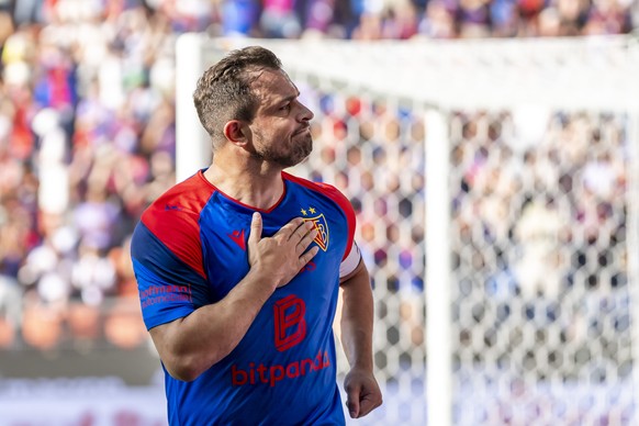 Xherdan Shaqiri (FCB) jubelt nach seinem Tor zum 4:0 im Fussball Meisterschaftsspiel der Regular Season der Swiss Super League zwischen dem FC Basel 1893 und dem FC Thun im Stadion St. Jakob-Park in B ...