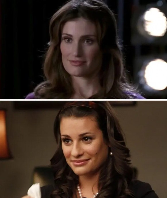 Idina Menzel as Shelby Corcoran and Lea Michele as Rachel Berry in Glee