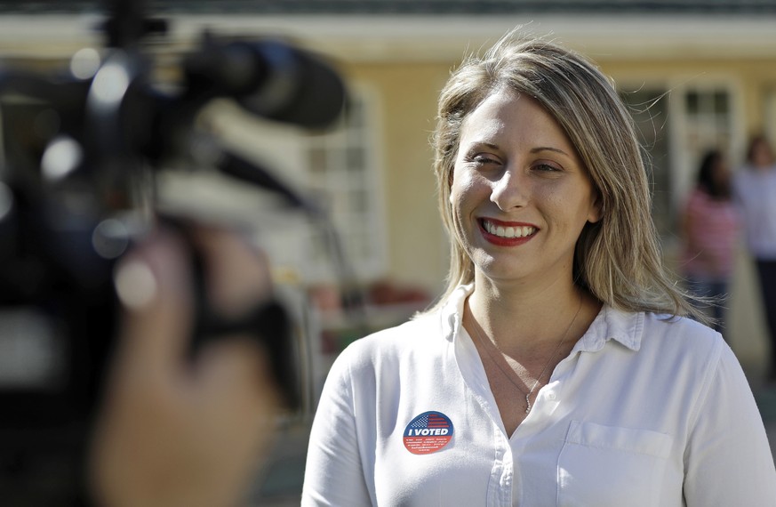 FILE - In this Nov. 6, 2018 file photo, Katie Hill, then a Democratic Party candidate from California&#039;s 25th Congressional district, talks to a reporter after voting in her hometown of Agua Dulce ...