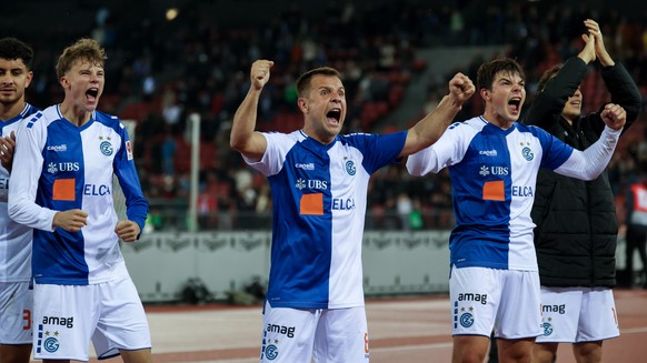 GC Jubel mit v.l. Jonathan Asp Jensen (GC), Amir Abrashi (GC) und Nikolas Muci (GC) waehrend dem Meisterschaftsspiel der Super League zwischen dem Grasshopper Club Zuerich und dem FC Zuerich am Samsta ...