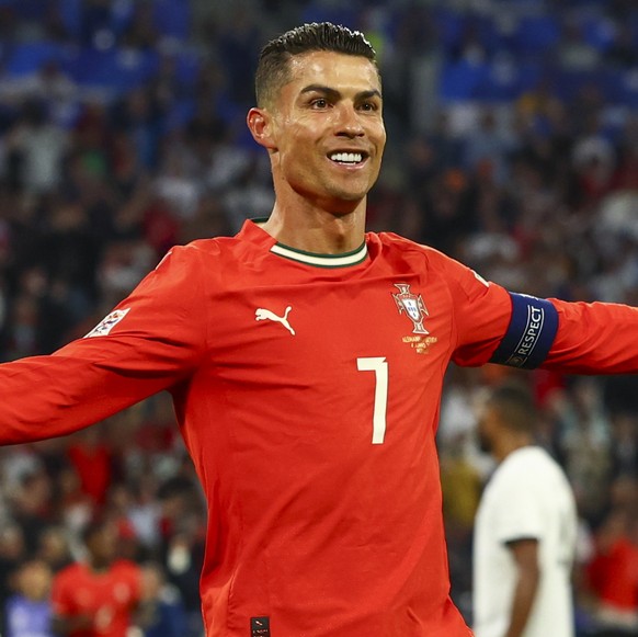 epa12156057 Cristiano Ronaldo of Portugal celebrates scoring the 1-2 goal during the UEFA Nations League semi-final soccer match between Germany and Portugal, in Munich, Germany, 04 June 2025. EPA/ANN ...