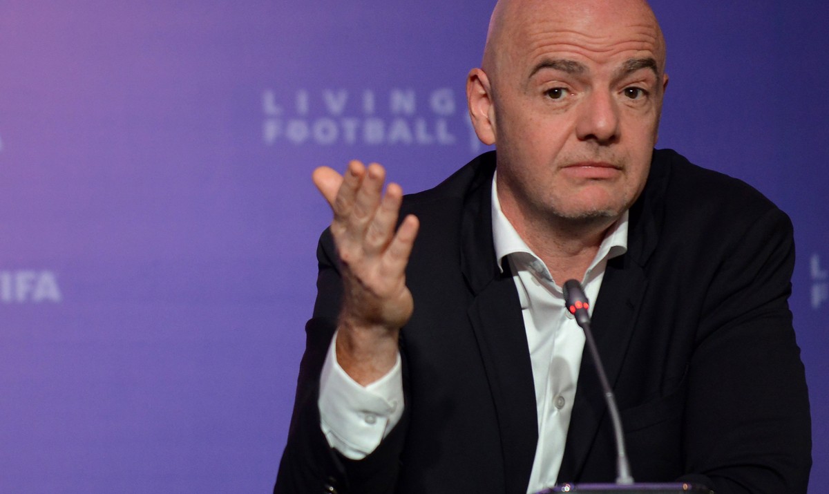 epa07294241 FIFA President Gianni Infantino speaks during a press conference for the Closing Ceremony of the Third Edition of the Executive Summits of Football of the International Federation of Footb ...