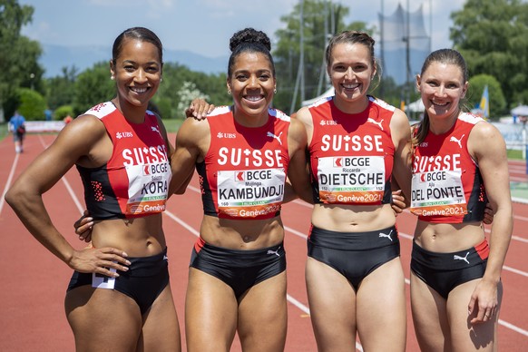 Les Suissesses, Salome Kora, Mujinga Kambundji, Riccarda Dietsche, Ajla Del Ponte, de gauche a droite, laissent eclater leur joie apres 4x100m dame, lors de la 33e edition des Championnats Suisses d&# ...