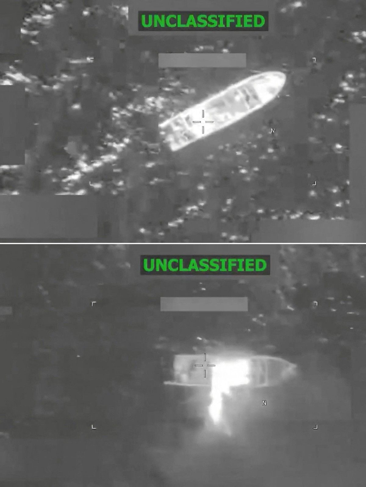 (COMBO) This combination screen grabs from a video posted on the X account of US Southern Command (SOUTHCOM) on February 20, 2026, shows a vessel before (top) and during it being struck at the directi ...
