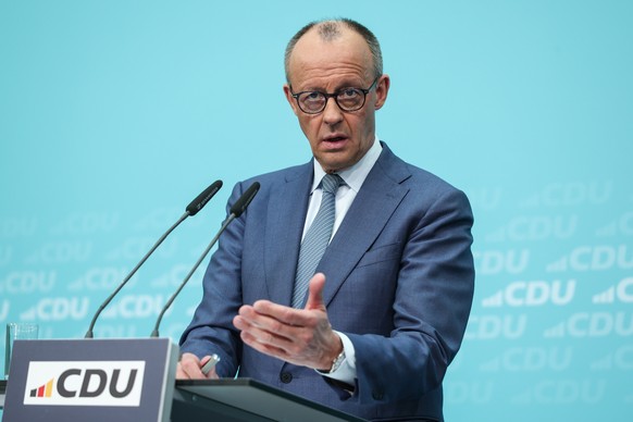 epa12843765 German Chancellor Friedrich Merz attends a press conference after a CDU party executive committee meeting in Berlin, Germany, 23 March 2026. The committee meeting was held after regional s ...