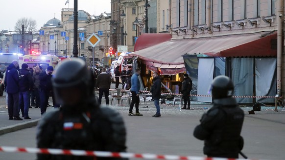 epa10555944 A view of the scene of an explosion at cafe 'Street bar' in St. Petersburg, Russia, April 2, 2023. According to the Russian Ministry of Interior, due to the ...