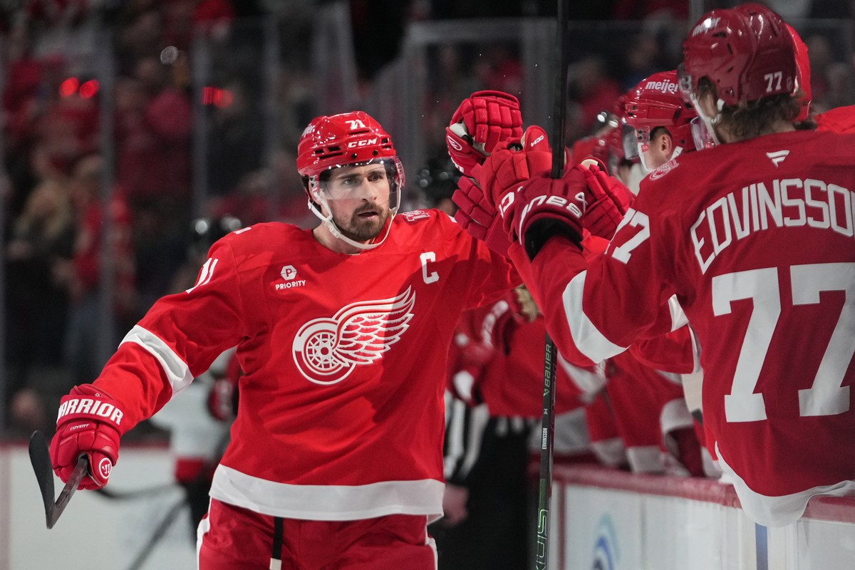 Detroit Red Wings center Dylan Larkin (71) celebrates his goal against the Ottawa Senators in the third period of an NHL hockey game Tuesday, March 24, 2026, in Detroit. (AP Photo/Paul Sancya)
Dylan L ...