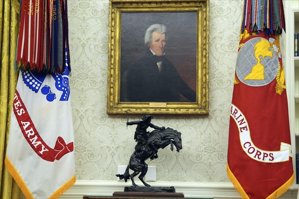 A painting for former President Andrew Jackson hangs in the Oval Office of the White House Monday, Jan. 20, 2025, in Washington. (AP Photo/Evan Vucci)
Donald Trump