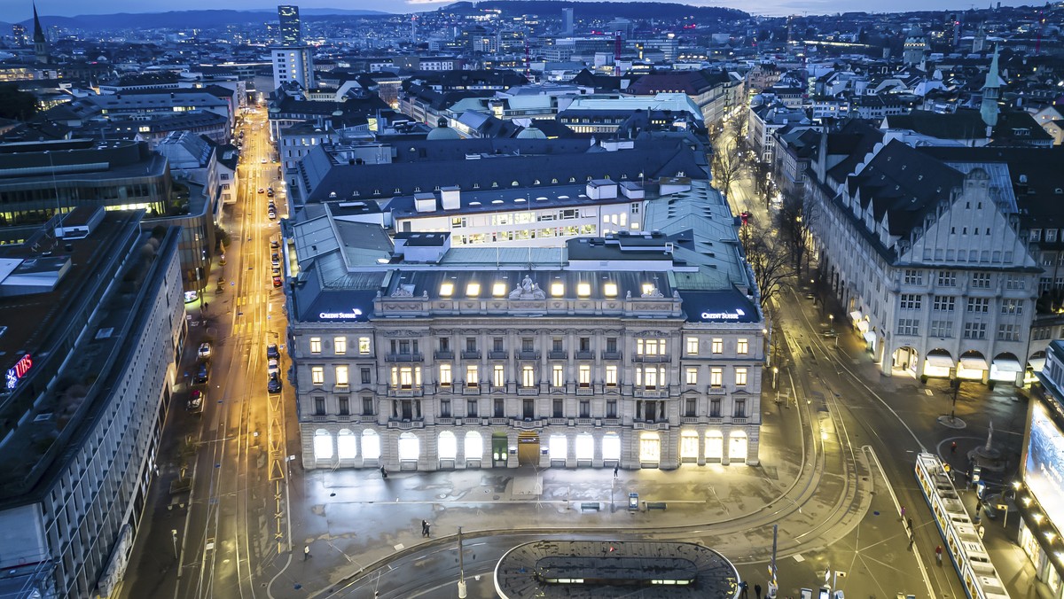 FILE - An aerial view of the headquarters of the Swiss banks Credit Suisse, center, and UBS, left, at Paradeplatz in Zurich, Switzerland, on March 19, 2023. If the debt crisis now roiling Washington w ...