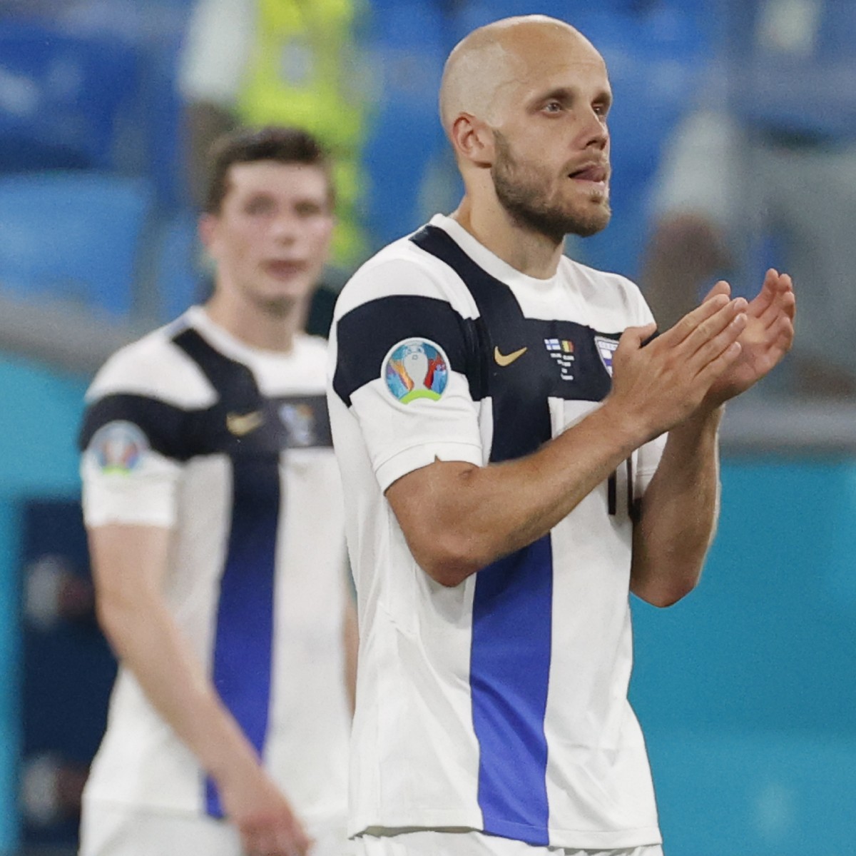 Finland's Teemu Pukki applauds fans at the end of the Euro 2020 soccer championship group B match between Finland and Belgium at Saint Petersburg Stadium in St. Petersburg, Russia, Monday, June 2 ...