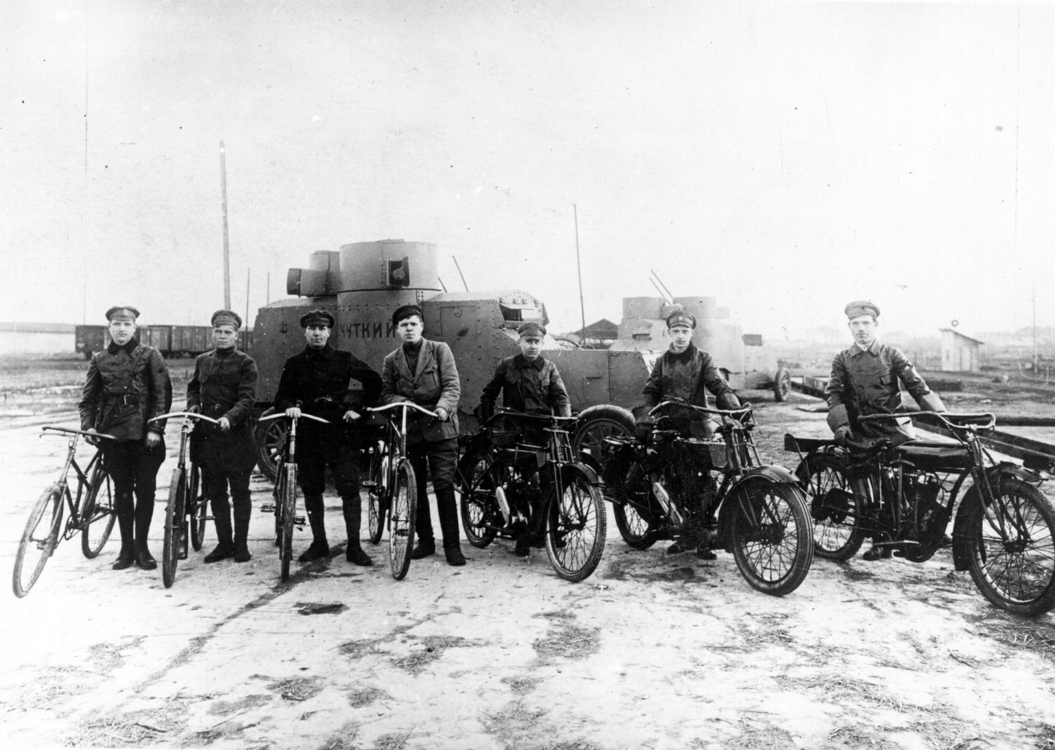 1919: Members of a Bolshevik mechanised unit used to disrupt monarchist General Yudenich&#039;s assault on Petrograd (later Leningrad), Russia, during the civil war that followed the Russian Revolutio ...