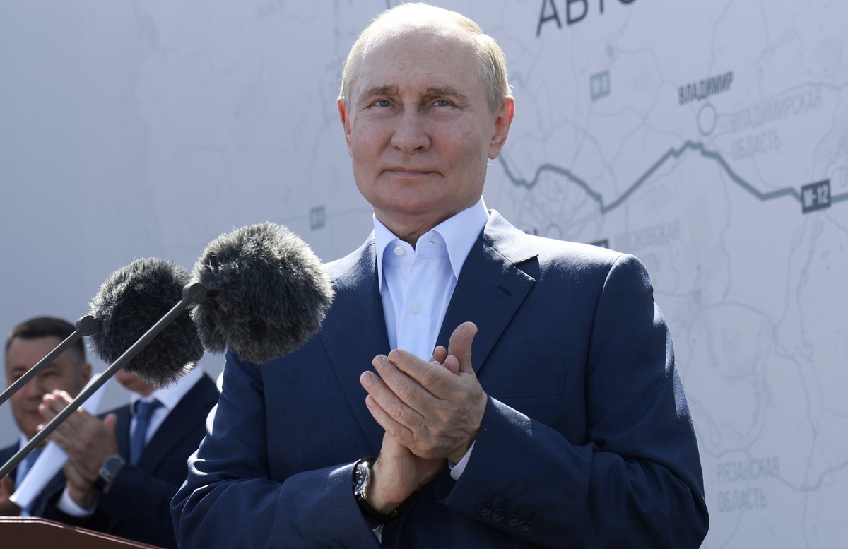Russian President Vladimir Putin attends a ceremony in Tver region, Russia, Tuesday, July 16, 2024, to celebrate the opening of the Northern Tver Bypass on the M-11 highway and the Togliatti Bypass in ...